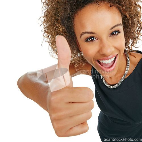 Image of Worker, black woman and thumbs up hand portrait with wow, happy or proud smile for success in corporate style. Yes, approval and agreement sign of business at isolated studio white background.