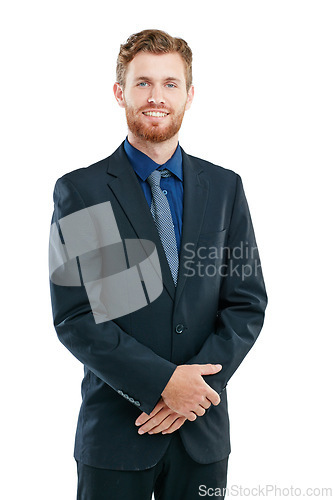 Image of Portrait, leadership and business man in studio isolated on a white background. Boss, ceo and happy, confident and proud male from Canada with vision, mission and success mindset, goals or targets.