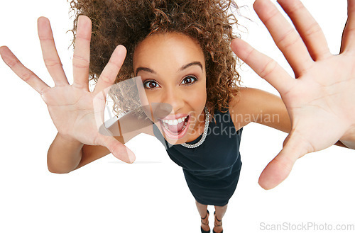 Image of Excited, shouting and portrait of black woman with hands isolated on a white background. Shocked, surprise and above of an African business worker with a happy gesture and smile on a studio backdrop