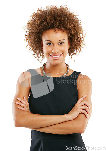 Image of Happy, proud and corporate black woman portrait with smile in elegant, professional and business fashion. Happiness, confidence and career girl smiling at isolated studio white background.