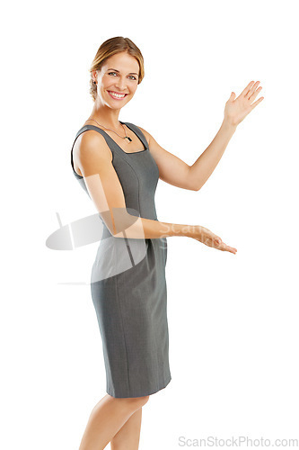 Image of Marketing, advertising and portrait of business woman on a white background for branding, logo and mockup. Product placement, corporate and isolated girl with hand gesture for announcement or message