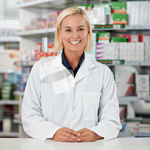 Image of Pharmacist, happy portrait and medical pharmacy worker ready, confident and proud service in drug store. Kind doctor, professional trust and healthcare counter for wellness or pharmaceutical medicine