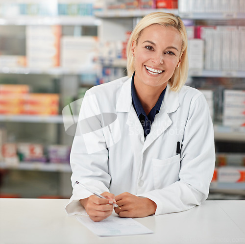 Image of Pharmacy, writing and pharmacist woman in portrait for medicine, product or healthcare insurance paperwork. Trust, help desk and medical professional worker with receipt, doctor note or prescription