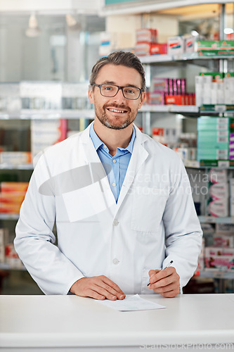 Image of Pharmacist man, pharmacy portrait and writing medicine, product or healthcare receipt signature for industry trust. Expert, help desk and medical professional worker smile for doctor notes insurance