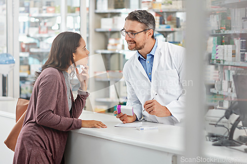 Image of Pharmacist, customer and health with medicine and advice, discussion and service in pharmacy, advice and pills prescription. Healthcare, medical store with pharmaceutical drugs, man and woman talk