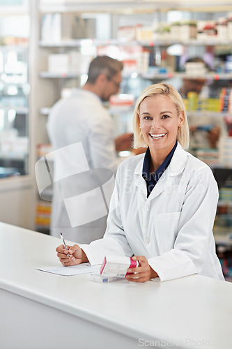 Image of Portrait of pharmacist woman writing medicine notes, product or healthcare receipt signature in pharmacy trust. Inventory box, stock help desk and medical professional worker, sign prescription paper