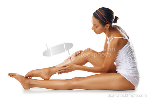 Image of Legs, beauty and skincare woman in studio for cosmetics, hair removal or self care marketing mockup. Dermatology, aesthetic and natural, skin care model with body glow results on advertising mock up