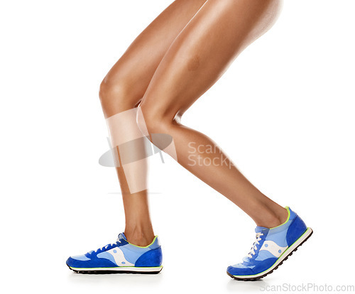 Image of Fitness, legs and running with shoes of black woman for sports, training and workout endurance. Wellness, skincare and cosmetics with girl runner for goal, beauty and training in white background