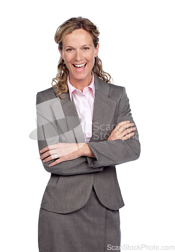 Image of Portrait, smile and a business woman in studio isolated on a white background standing arms crossed. Trust, confidence and ambition with a happy female employee posing on blank space in a suit