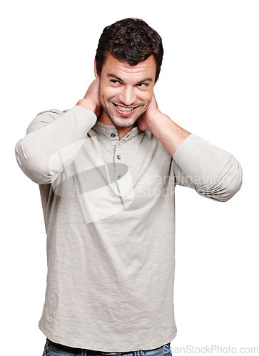 Image of Face, smile and shy man in studio isolated on a white background looking happy and shy. Thinking, cool and modern model male posing in casual clothes for trendy style and positive mindset or idea