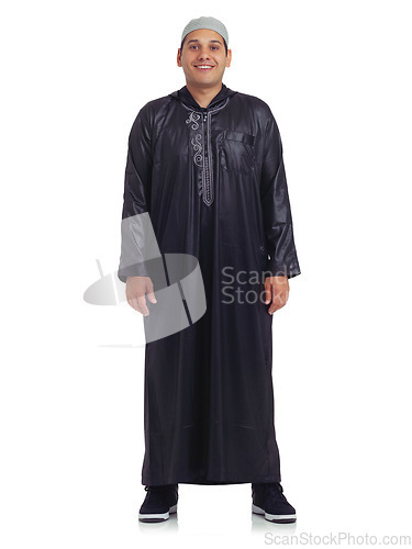 Image of Muslim clothes, happy man and portrait at white background standing in studio or isolated islamic culture. Moslem person, religion and arabic for eid mubarak, spiritual worship and fasting in ramadan