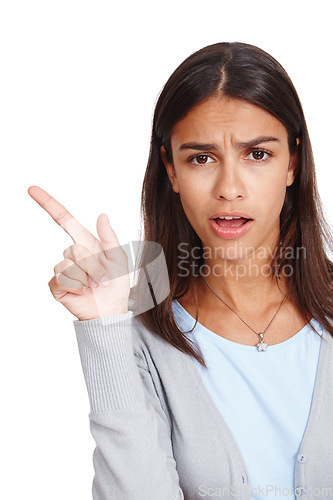 Image of Confused woman, portrait and pointing at space for mockup sale, discount or promotion. Shocked face of female model with hand for advertising or product placement isolated on a white background