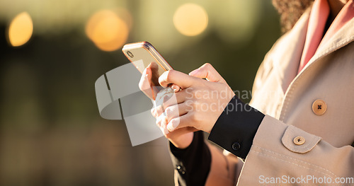 Image of Hands, communication or business woman with phone for networking or social media in London street. Search, travel or manager with 5g smartphone for research, internet or blog content review outdoor