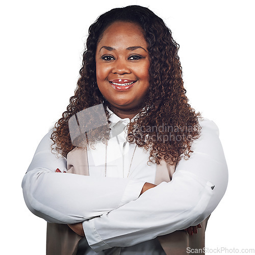 Image of Portrait, black woman and happy, smile and confident, corporate and employee in studio on white background. Face, woman and proud leader excited about career mission and standing, posing and isolated