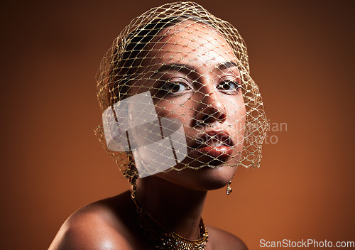 Image of Stylish, elegant and portrait of a model with a net veil isolated on a brown background in studio. Fashion, vintage and face of a young retro model with a fashionable facial accessory on a backdrop