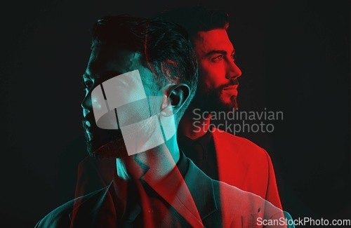 Image of Fashion, double exposure and face of man with neon lighting in vintage clothes, elegant and classy suit. Creative aesthetic, shadow and male model with luxury, designer and stylish clothes in studio