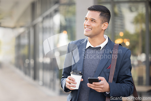 Image of Businessman, smartphone thinking and coffee in city with smile, mission and walk with social media app. Man, phone and street with tea, drink and happy vision for career success at finance company