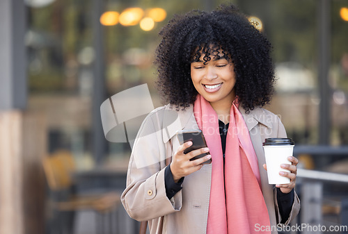 Image of Hands, travel or black woman with phone for networking, social media or communication in London street. Search, coffee or manager with smartphone for research, internet or blog content review outdoor