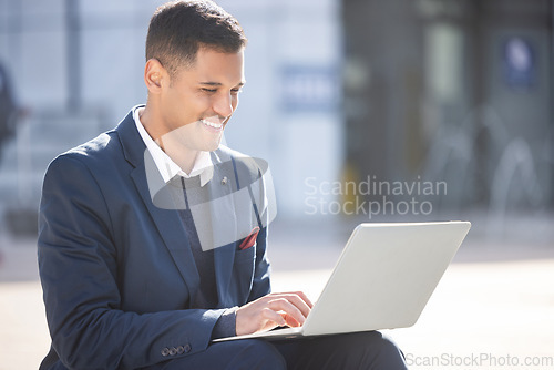 Image of Laptop, outdoor reading or businessman typing feedback review of financial portfolio, stock market or investment. Happy forex account manager, finance economy or trader trading crypto, bitcoin or NFT