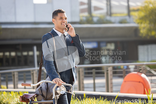 Image of Phone call, bicycle and commute with a business man in the city using eco friendly transport for work travel. Mobile, bike and communication with a male employee thinking about his carbon footprint