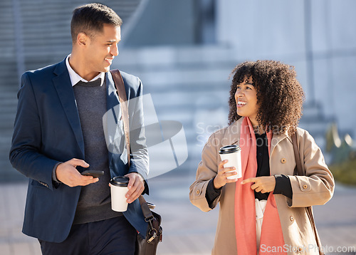 Image of Talking, coffee break and happy business people walking, smile or on travel journey in urban New York. Employee, tea or African worker, agent or partnership team on morning commute to office building