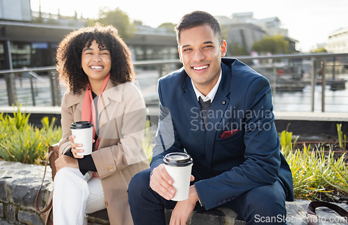 Image of Businessman, black woman and portrait with coffee in city for break, friends or lunch chat with smile. Team building, conversation and business people with happiness, relax and outdoor in urban metro