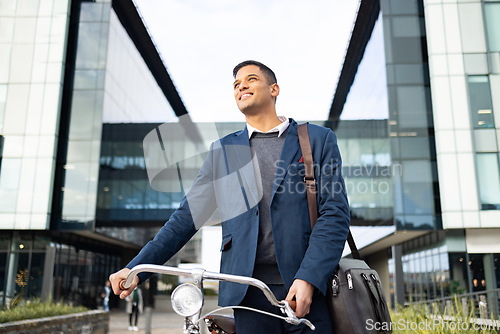 Image of Bicycle travel, walking and businessman cycling to work, corporate job or carbon neutral journey in New York city. Eco friendly transportation, architecture buildings or happy employee with bike