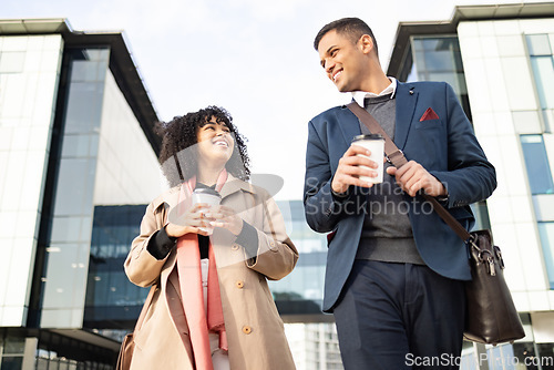 Image of Conversation, coffee break and happy business people walking, talking or travel in urban New York. Architecture, black woman or employee partnership team on morning commute journey to office building