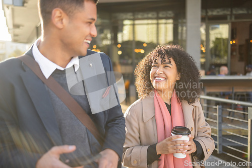Image of Coffee break, laugh or talking business people walking, commute or travel in urban New York city. Funny conversation, black woman or communication of employee partnership team on morning work journey