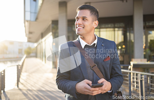 Image of Search, happy or business man with phone for internet research, communication or networking. Tech, online or manager in street on 5g smartphone for social network, blog review or media app content