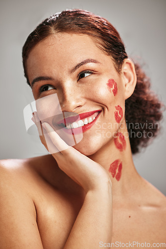 Image of Face, lipstick kiss and beauty woman or makeup model in studio for cosmetics, love and happiness. Headshot of aesthetic person thinking or dream of valentines day facial idea or skincare motivation