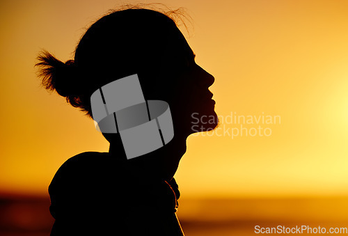 Image of Man silhouette, sunset and peace with meditation, orange sky mockup and zen outdoor, nature and face profile. Wellness, mindset and calm, freedom and thinking with natural light and mindfulness