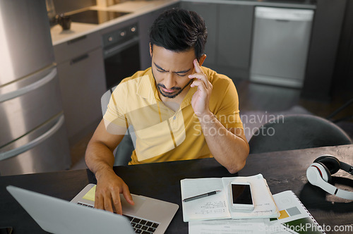 Image of Man with headache, laptop and working from home with pain from stress and burnout, frustrated with glitch and overworked. Health, tired and job fatigue, remote work with 404 on pc and wifi problem