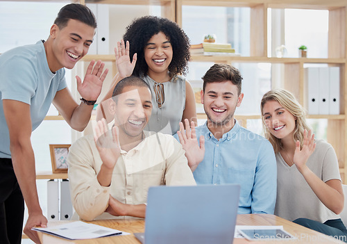 Image of Webinar, laptop video call or business people wave for communication, networking or training with smile in office building. Teamwork, happy or team greeting for meeting, collaboration or presentation
