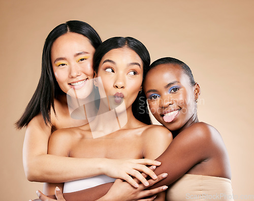 Image of Beauty, makeup and happy portrait with women facial skincare wellness and cosmetics dermatology in brown background studio. Young model support, diversity and luxury spa treatment for glowing skin