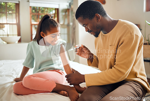 Image of Father, girl and health vaccine in home for wellness in bedroom. Love, black family and care of man with vaccination injection for kid or child against disease, virus or flu, cold or illness in house