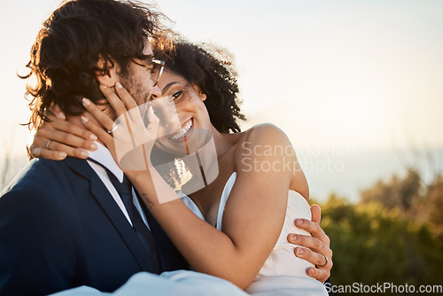 Image of Wedding, marriage and love in nature of a interracial couple happy about trust and commitment. Outdoor, sea and mock up with happiness and smile of bride and man in a suit at a partnership event