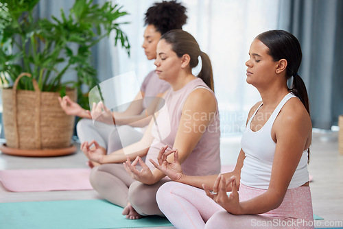 Image of Pregnant yoga, relax and zen by women on a floor for exercise, fitness and wellness in a home together. Friends, pregnancy and group meditation, chakra and pose in a living room, lotus and cardio