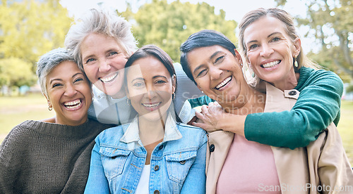 Image of Nature, friends and portrait of group of women enjoying bonding, quality time and relax in retirement together. Diversity, friendship and faces of happy females with smile, hugging and wellness