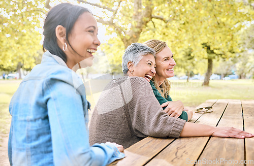Image of Park, senior women and friends laughing at funny joke, crazy meme or comedy. Comic, happy and group of retired females sitting at table with humor bonding, talking and enjoying quality time together.