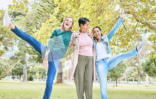 Image of Senior, women and portrait of funny people or friends bonding in diversity being goofy in happiness. Smile, energy and elderly females having fun at a park and dancing in a group together