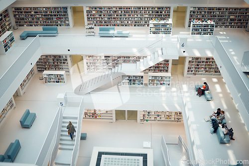 Image of Library book shelf, choice and education people search for history books for research, university study or college. Big architecture building, knowledge learning and school students studying info