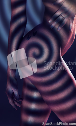 Image of Spiral, beauty and body of naked woman in studio isolated on a background. Skincare, butt and hips of creative, sexy and sensual female model and nude girl with sexual desire and erotic art aesthetic