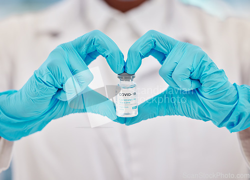 Image of Doctor, hands or heart on covid vaccine in hospital treatment, clinic wellness or healthcare insurance support. Zoom, disease or medicine in love gesture in nurse vote, medical woman or virus review