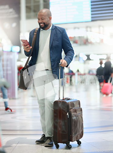 Image of Phone, travel or happy black man in airport typing, chatting or networking via email online. Airplane, smile or excited African businessman reading news while traveling on a holiday vacation journey