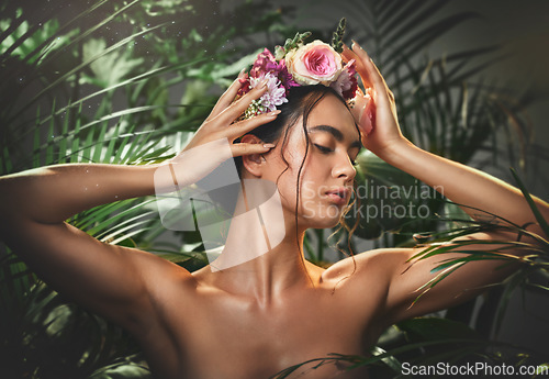 Image of Beauty, skincare and flower crown with woman in a plant jungle for health, wellness and organic bodycare. Skin care, body care and natural cosmetics treatment for healthy skin and body for model