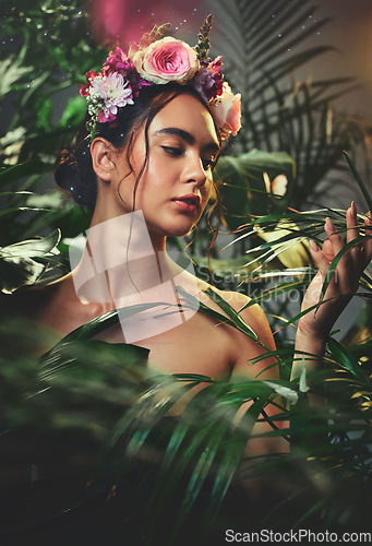 Image of forest, floral crown and woman zen skincare natural beauty or cosmetic wellness model in summer. Young girl, butterfly and healthy body care glow with rose flowers headband in tropical rainforest