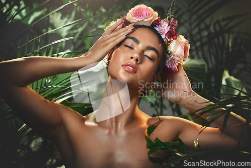 Image of Beauty, skincare and flowers with woman in jungle for tropical cosmetics, spring and natural makeup. Exotic, forest and nature with girl model and rose crown in trees for health, summer and plant