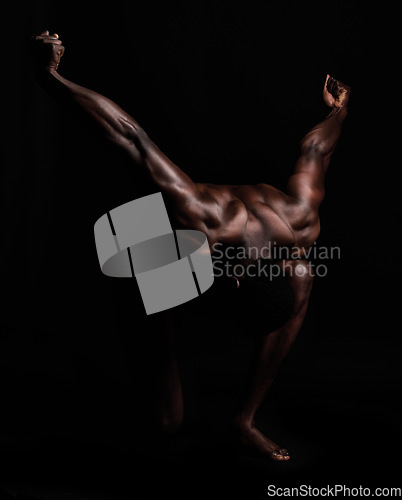 Image of Body, muscle and art deco of a strong black man in dark studio for power and strength. Sports person or bodybuilder person for motivation, health and wellness for fitness model background