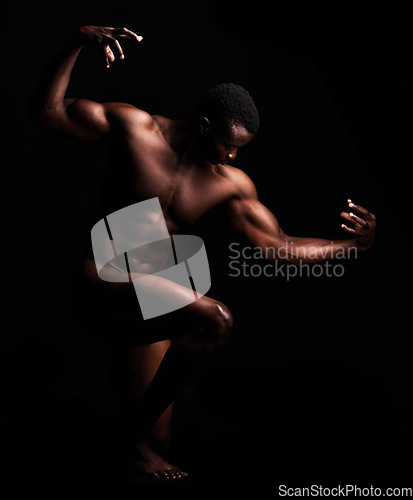 Image of Black man, fitness and strong muscle for nude body wellness and art on a dark studio background. Erotic or sports model person naked with motivation for bodybuilder and health Im silhouette